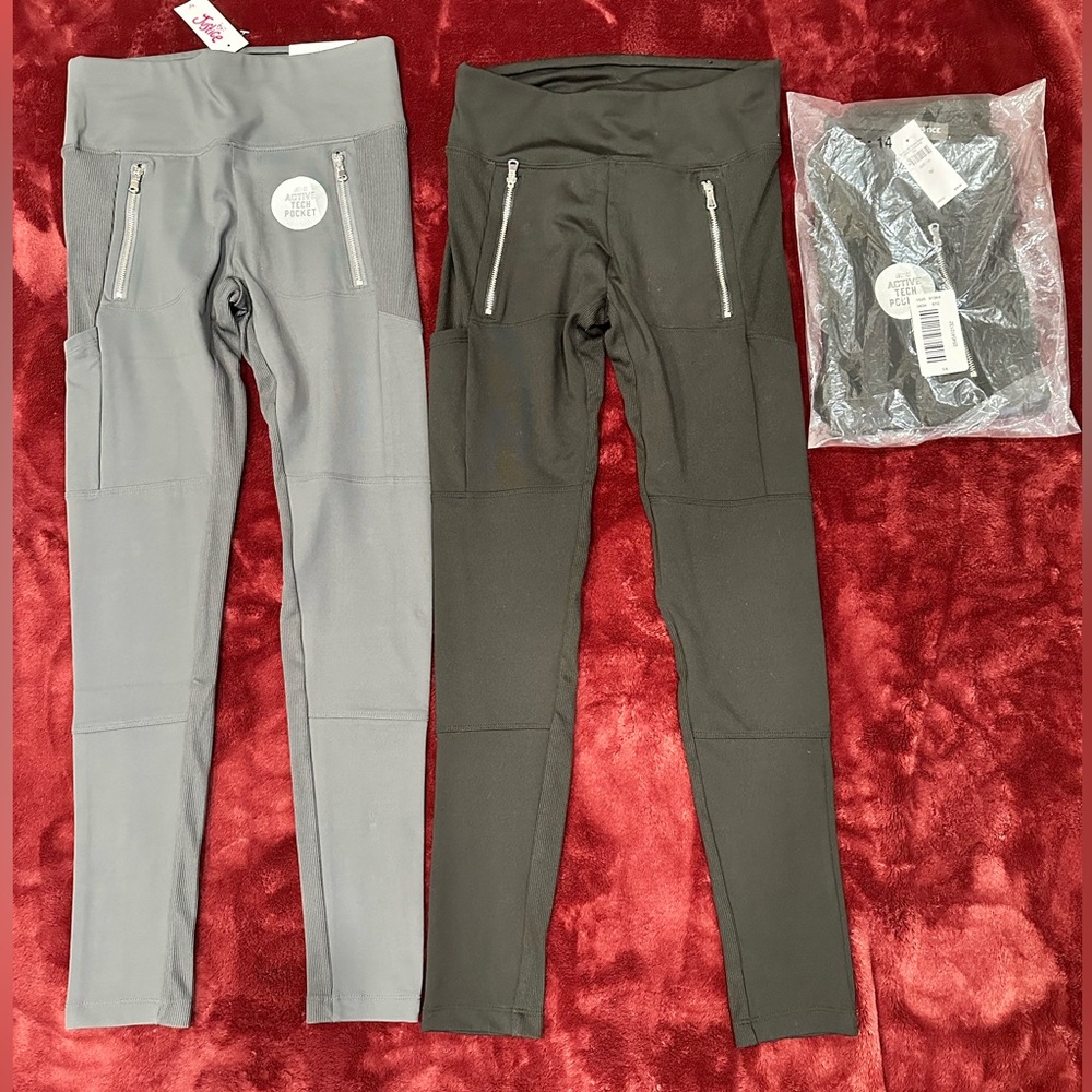 Justice girls leggings, 2 black (1 brand new) and 1 gray (brand new), size 14